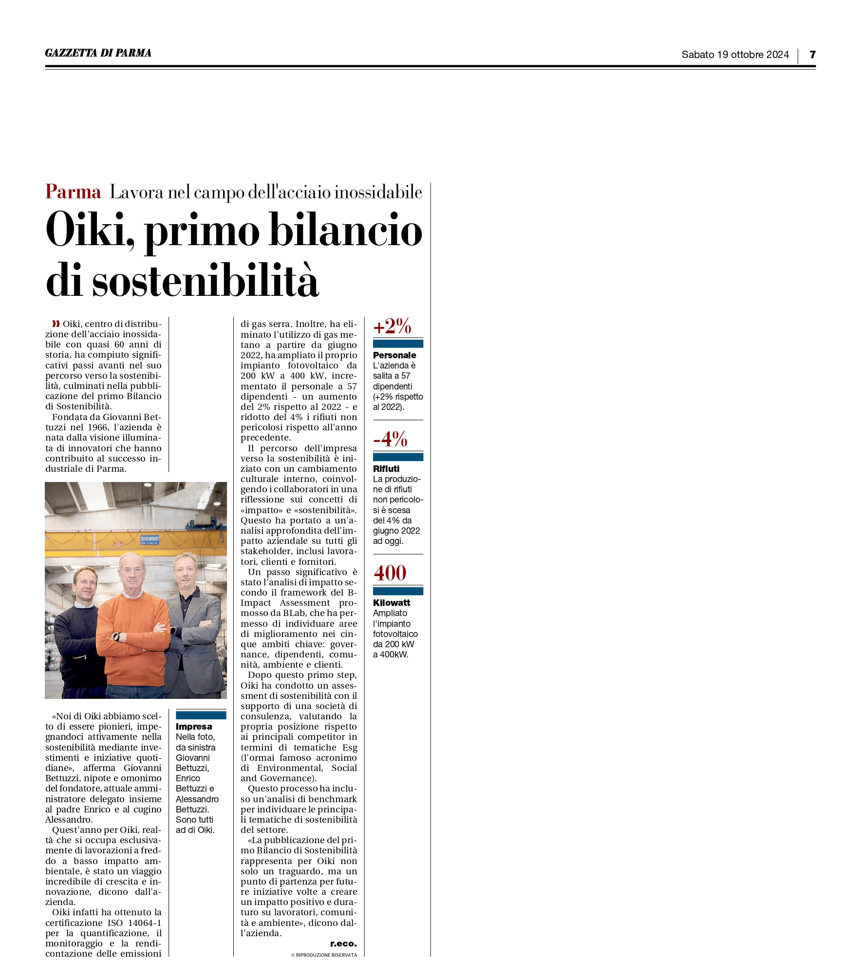 Gazzetta di Parma - oiki - primo bilancio di sostenibilità